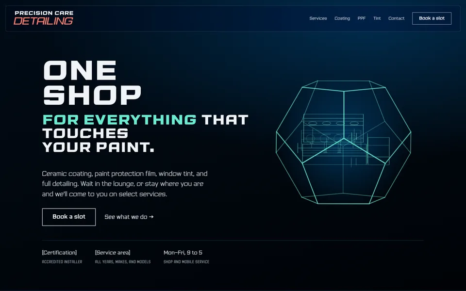 Precision Care Detailing home page: ONE SHOP FOR EVERYTHING THAT TOUCHES YOUR PAINT, beside a teal line-art crystal